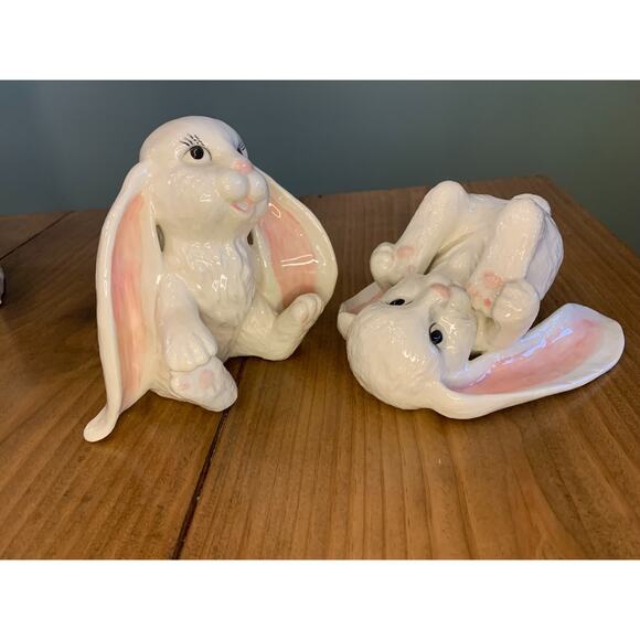 Ceramic Long Floppy Ear Bunnies Rabbits "Lopsy & Topsy" Vintage Holiday Figurine - Picture 2 of 8